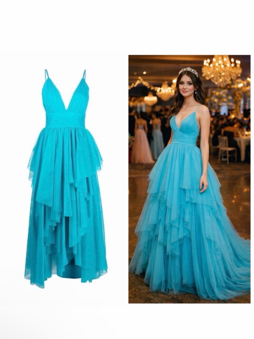 Alice + Olivia Aqua Blue Gown Tulle V Neck 2 Formal Prom Wedding Doja NWT 🟡